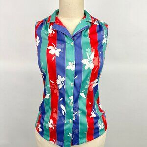 70s Vintage Blouse | Sleeveless | Flowers | Large Stripes | Size L | The Shirt